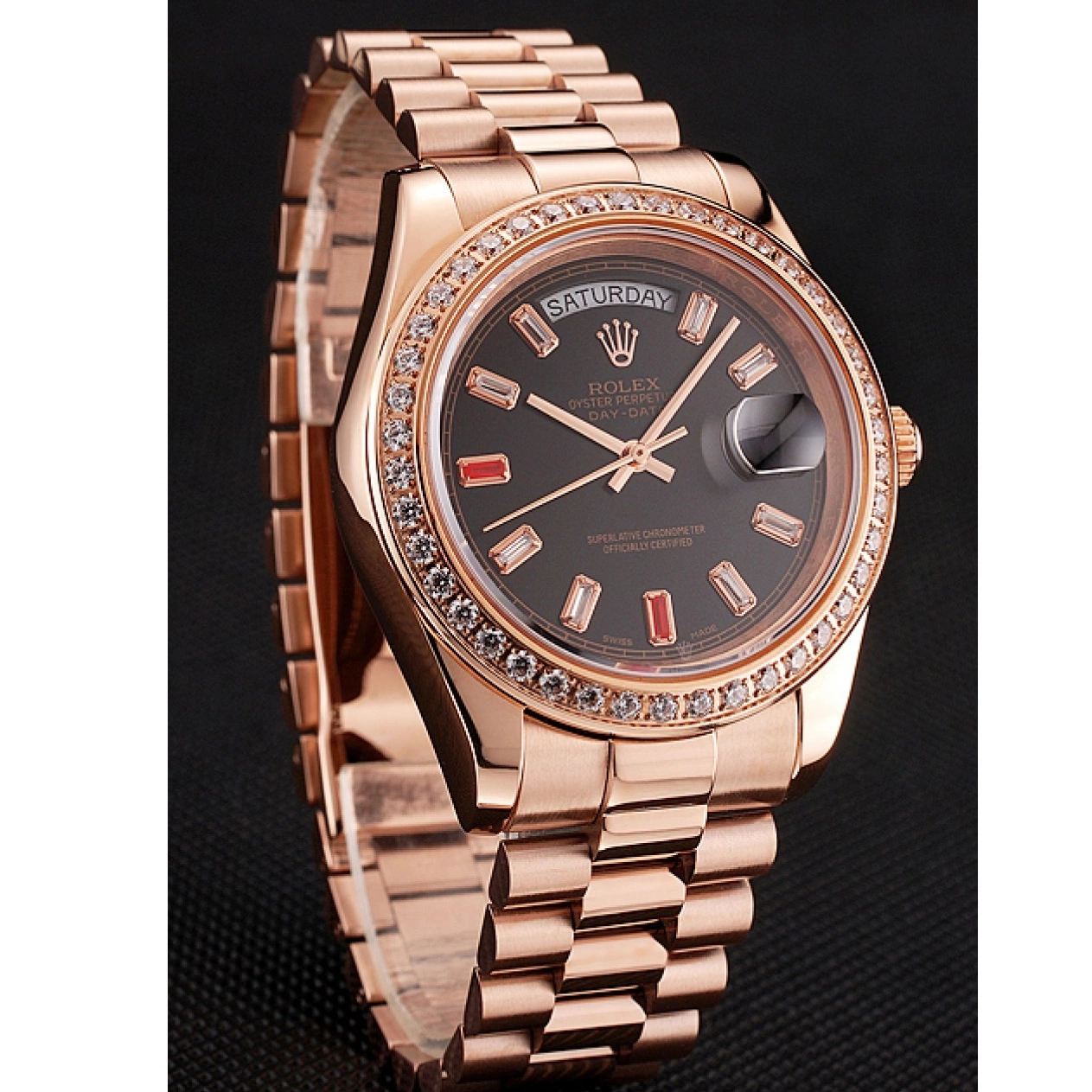 Aaa replica watch Bracelet Rolex 1454102 And Swiss Gold Rose Rubies Diamonds Dial Black Day-Date 0602